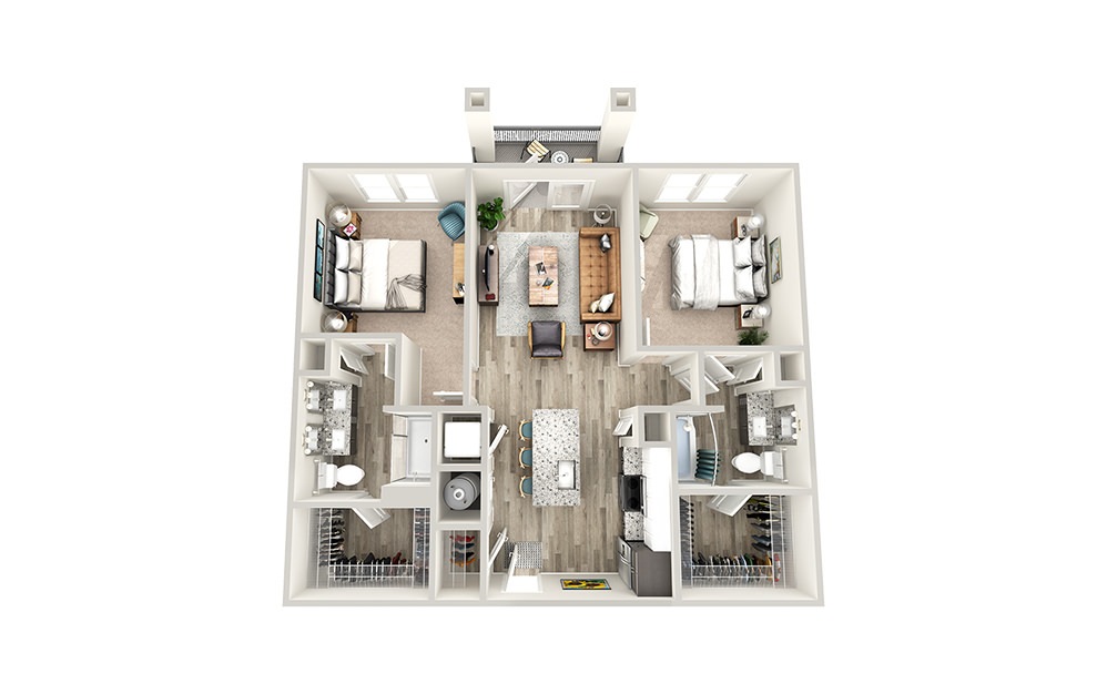 B1 - 2 bedroom floorplan layout with 2 bathrooms and 1051 square feet